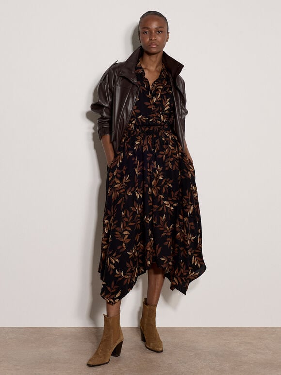 Leaf Print Shirt Midi Dress, Rust, large