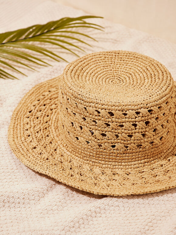 Handstitched Raffia Hat, Stone, large