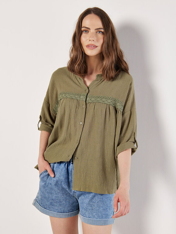Lace Detail Cotton Blouse, Khaki, large
