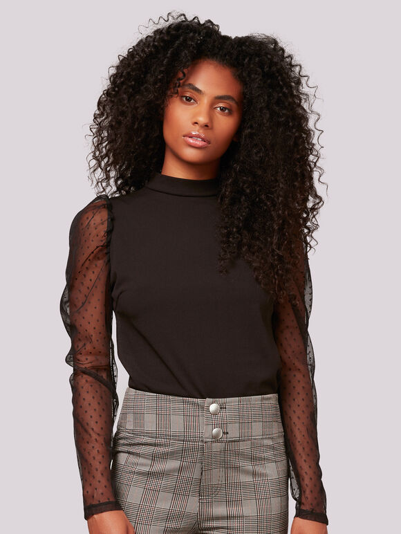 Mesh Sleeve Mock Neck Top, Black, large