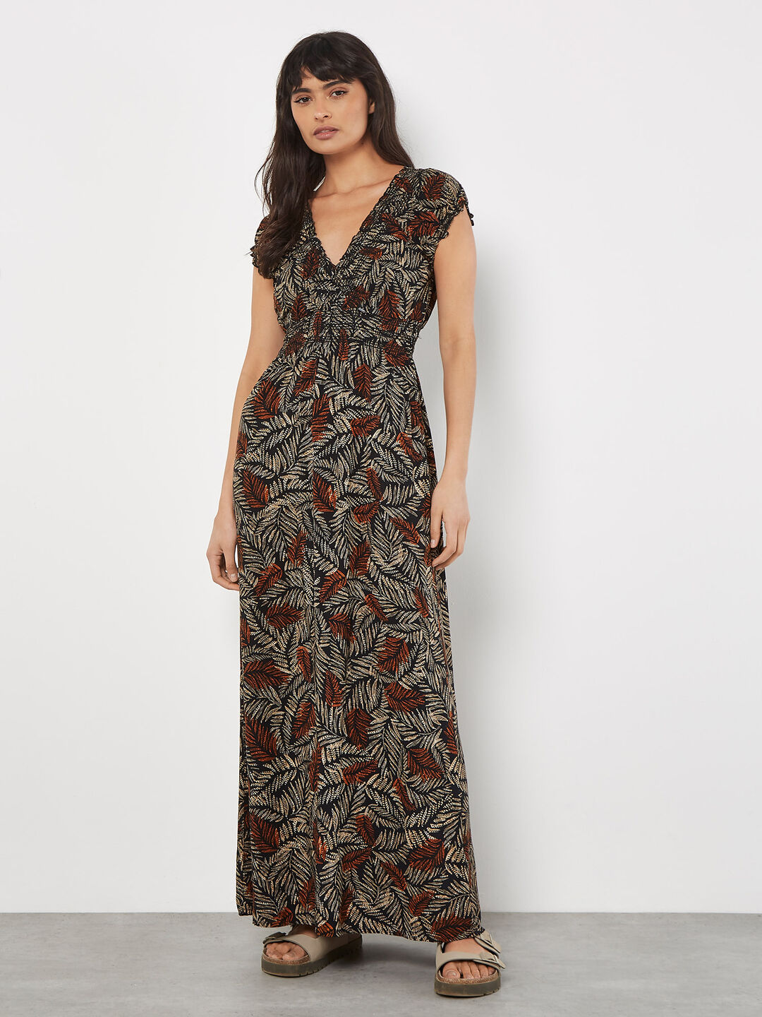Image of Rustic Leaf Print Smocked Maxi Dress