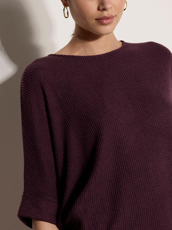 Soft-Touch Batwing Waffle Knit Top, Purple, large