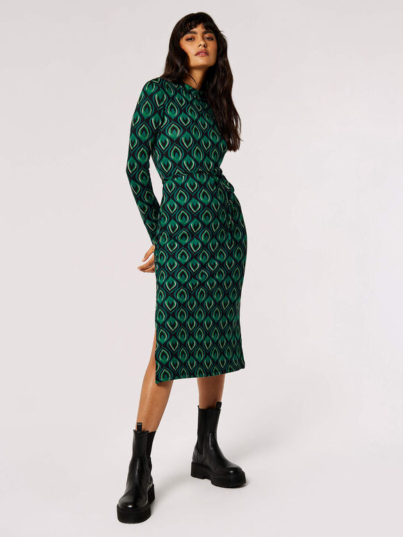 Geometric Leaves Knit Midi Dress, Green, large
