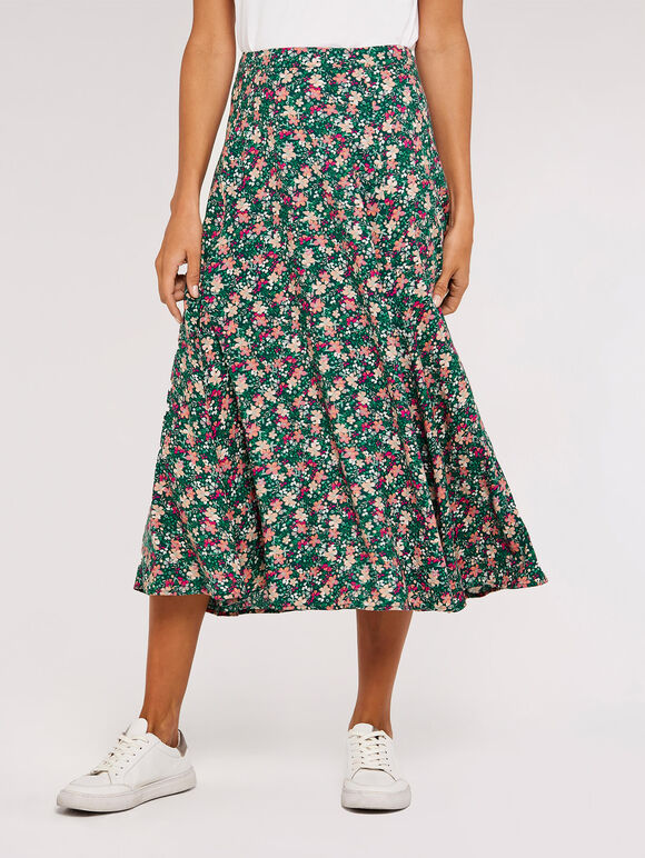 Ditsy Floral Print Midi Skirt, Green, large