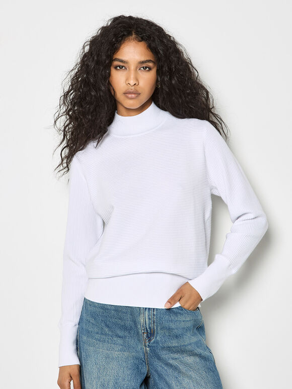 Mock Neck Ribbed Knit Jumper, White, large