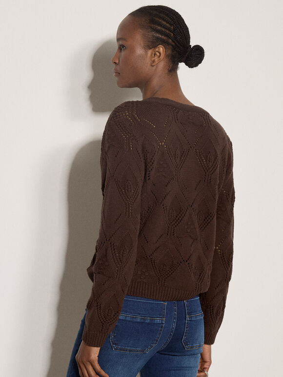Pointelle Diamond Floral Cotton-Blend Cardigan, Brown, large