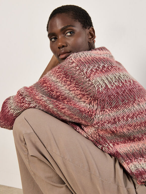 Chunky Knit Tonal Stripe Jumper, Burgundy, large