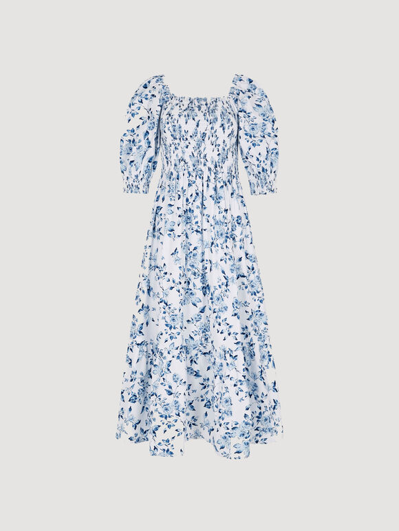 Rose Cotton Milkmaid Midaxi Dress, Blue, large
