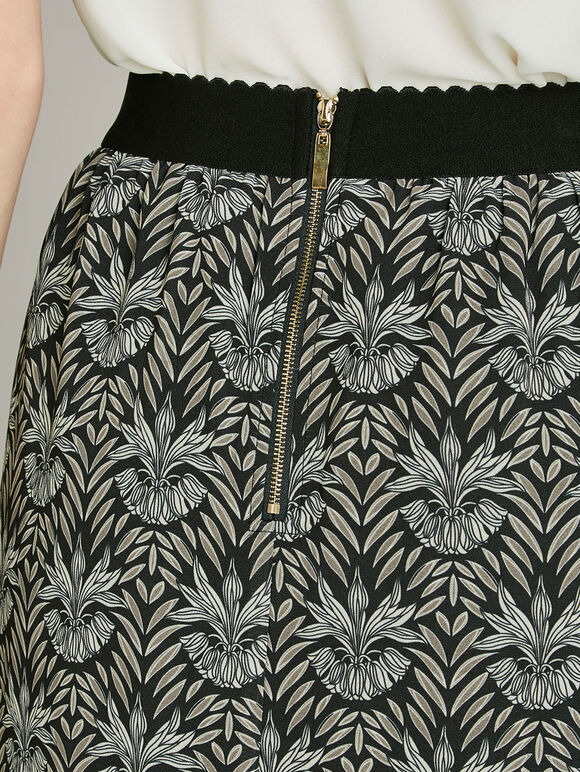 Black Graphic Leaf Floral Midi Skirt, Black, large