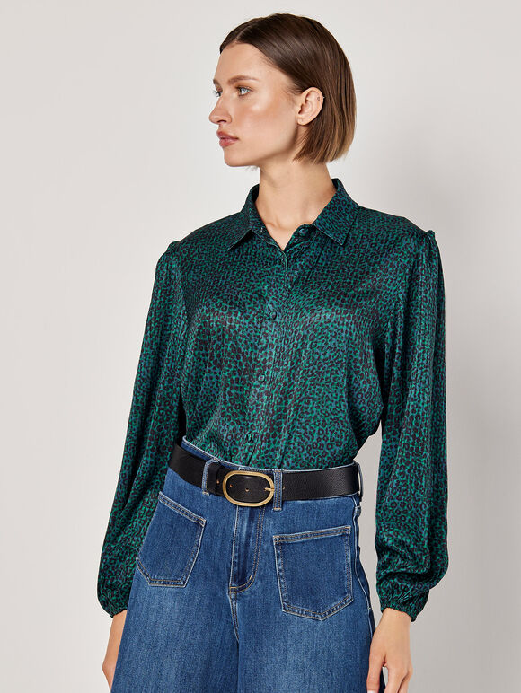 Animal Print Self Stripe Satin Shirt, Green, large