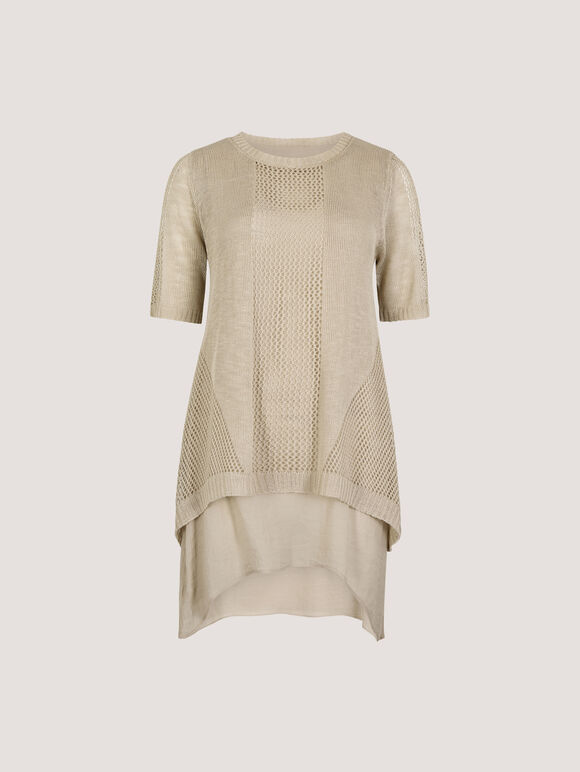 Pointelle Knit Layered Tunic Top, Stone, large