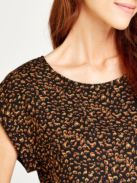 Black Animal Print Turn Up Sleeve Top, Black, large