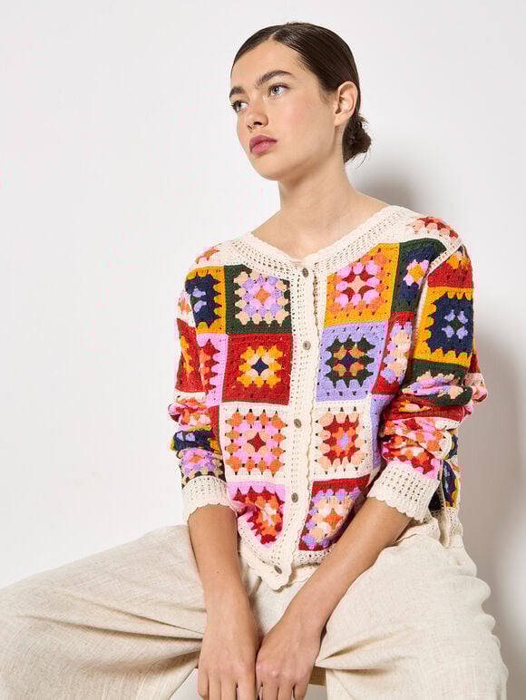 Colourful Crochet Squares Cardigan, Stone, large