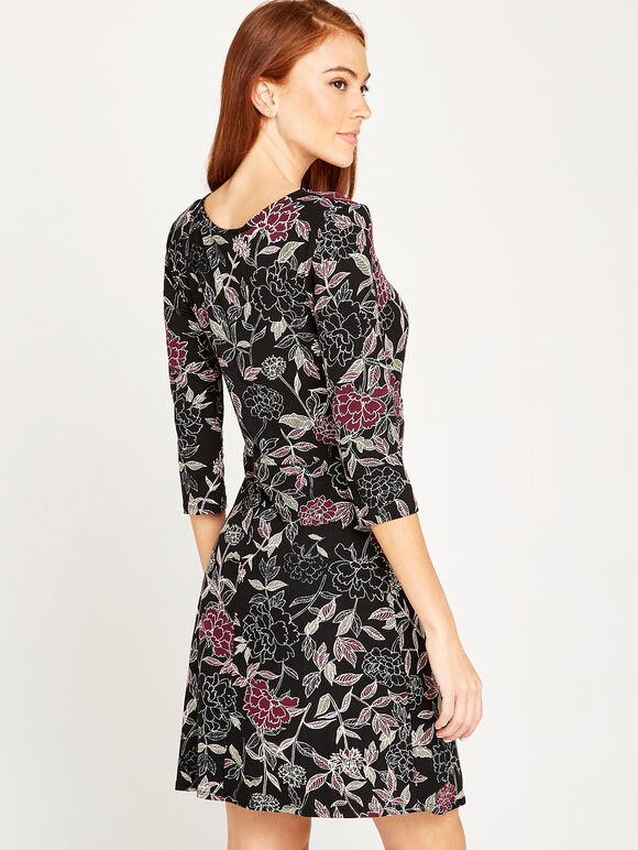 Etched Floral Print Jersey Dress, Black, large