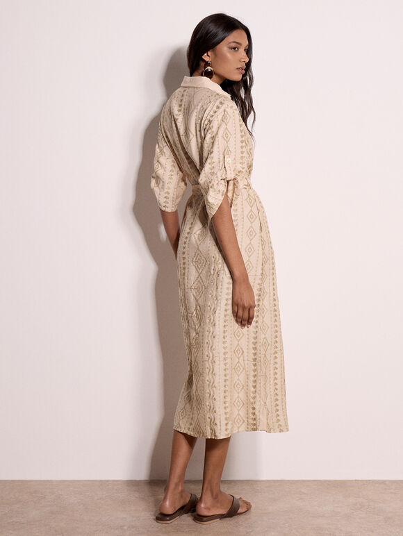 Geometric Shimmer Embroidered Shirt Midi Dress, Stone, large