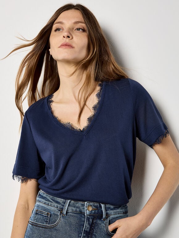 Slub Jersey Eyelash Lace T-Shirt, Navy, large
