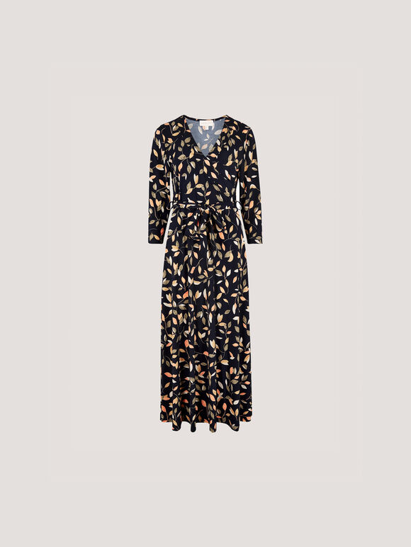 Leaf Print Wrap Maxi Dress, Navy, large