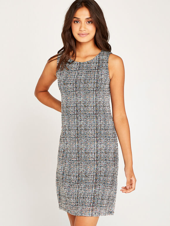 White Multicolour Shift Dress, White, large