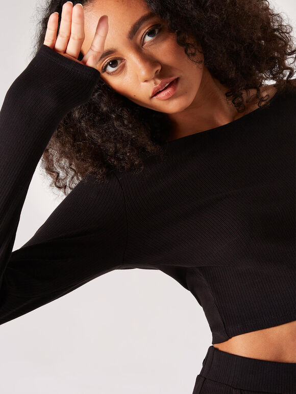 Ribbed Knit Crop Top, Black, large