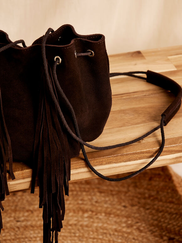 Fringe Suede Bag, Brown, large