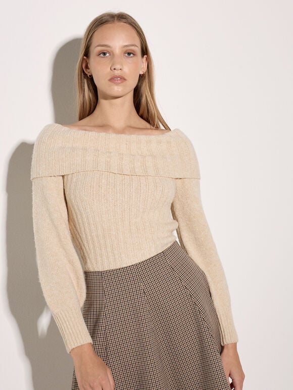 Ribbed Bardot Jumper, Stone, large