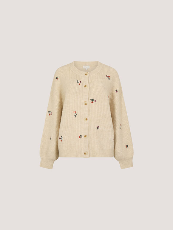 Soft Ribbed Knit Floral Embroidered Cardigan, Stone, large