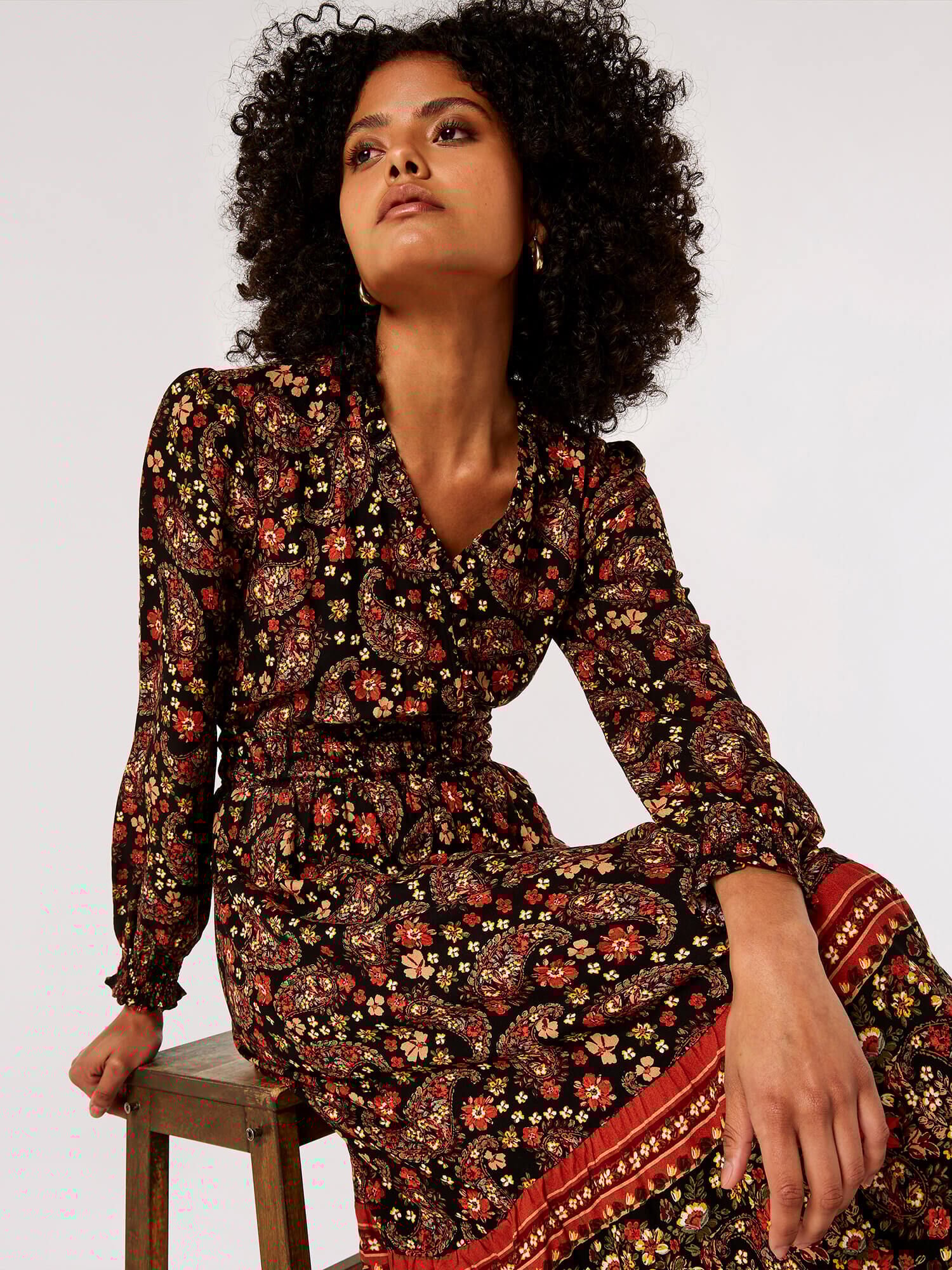Black midi shop dress with flowers