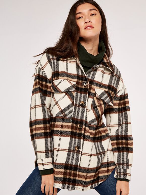 Plaid Wool Shacket, Cream, large