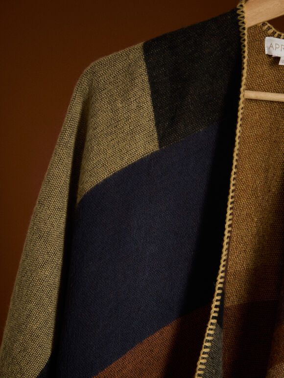 Colour Block Blanket Cape, Brown, large