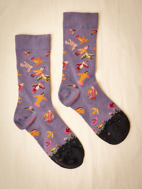 Bird Print Cotton Socks, Purple, large