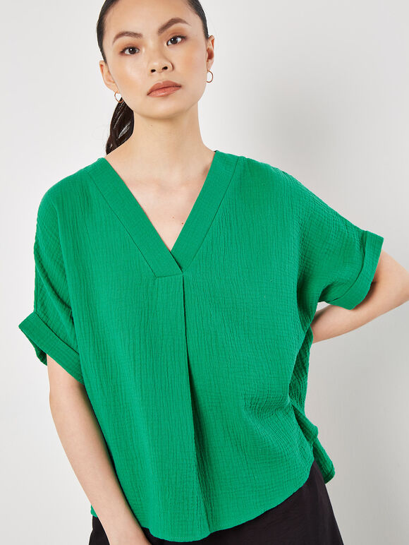 Textured Cotton Pleat Front Top, Green, large