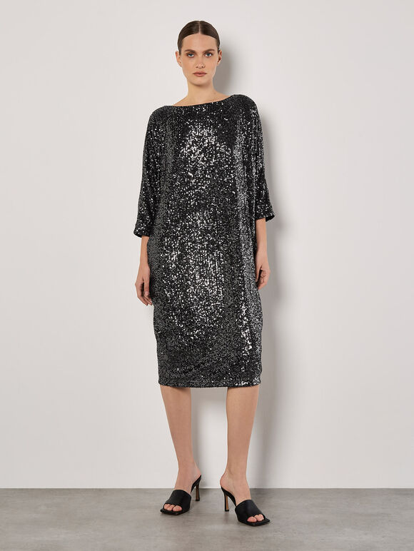 Sequin Cocoon Midi Dress, Dark Grey - Charcoal, large