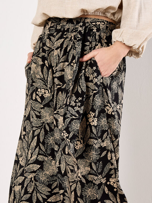 Batik Leaf Culotte Trousers, Black, large