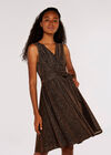 Metallic Pleat Skater Mini Dress, Brown, large