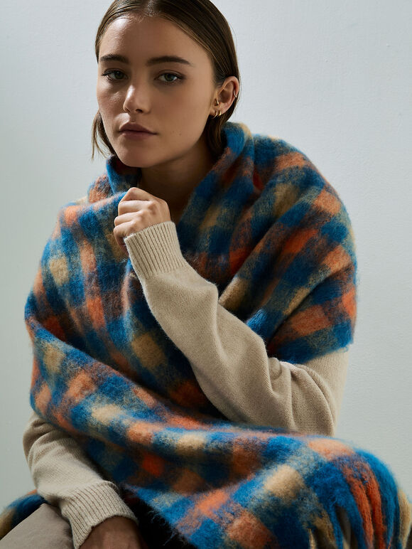 Gingham Check Soft Scarf, Blue, large