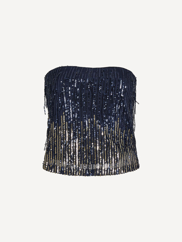 Fringe Sequin Bandeau Crop Top, Navy, large