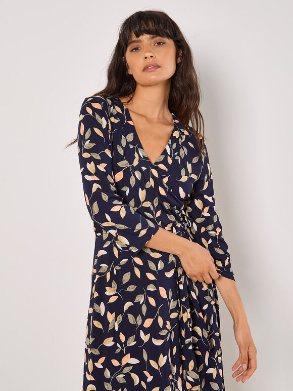 Leaf Print Wrap Maxi Dress, Navy, large