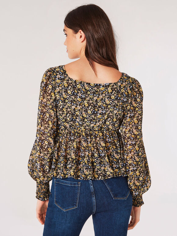 Ditsy Floral Peplum Hem Top, Black, large