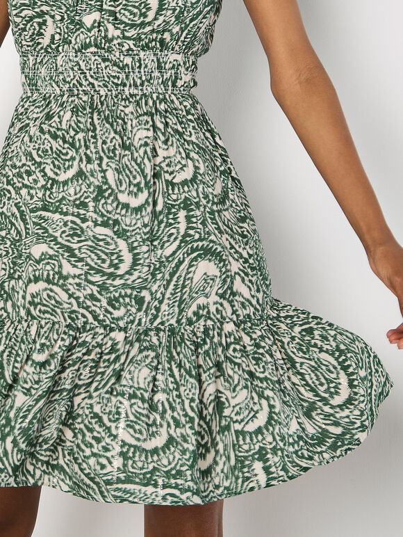 Paisley Milkmaid Mini Dress, Green, large