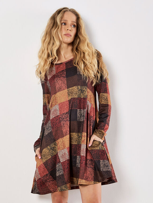 Colourful Patchwork Check Swing Mini Dress, Brown, large