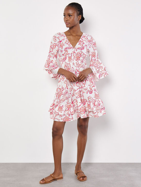Floral Smocked Ruffle Mini Dress, Pink, large