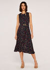 Ditsy Midi Cut Out Nk Belted Dress, Navy, large
