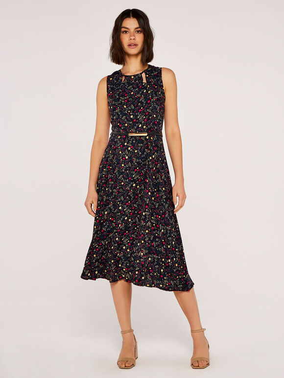Ditsy Midi Cut Out Nk Belted Dress, Navy, large
