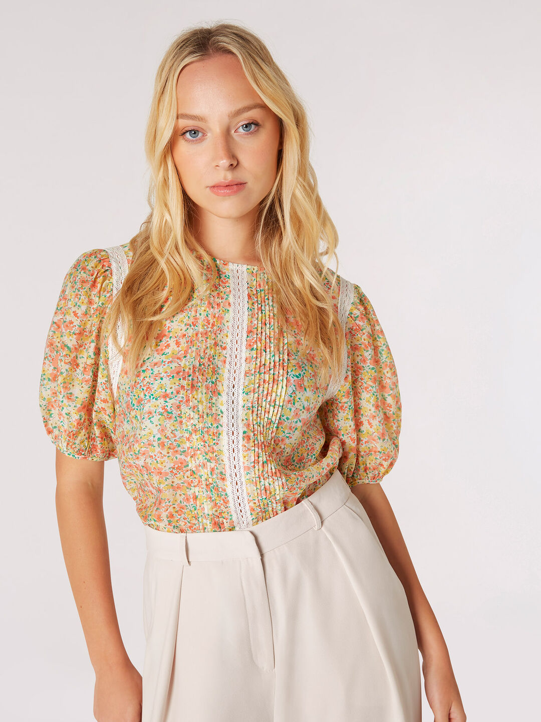 Image of Floral Lace Pintuck Pleat Blouse