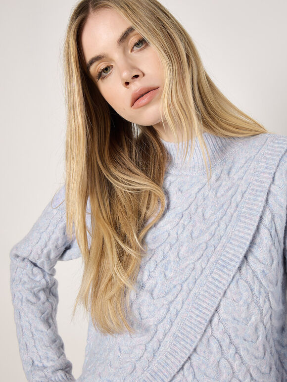 Cable Knit Wrap Jumper, Blue, large