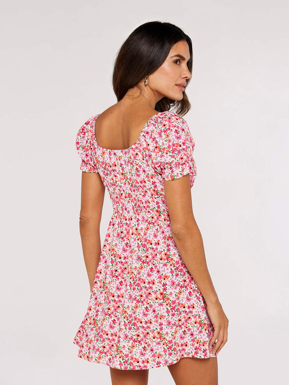 Ditsy Floral Milkmaid Mini Dress, Pink, large