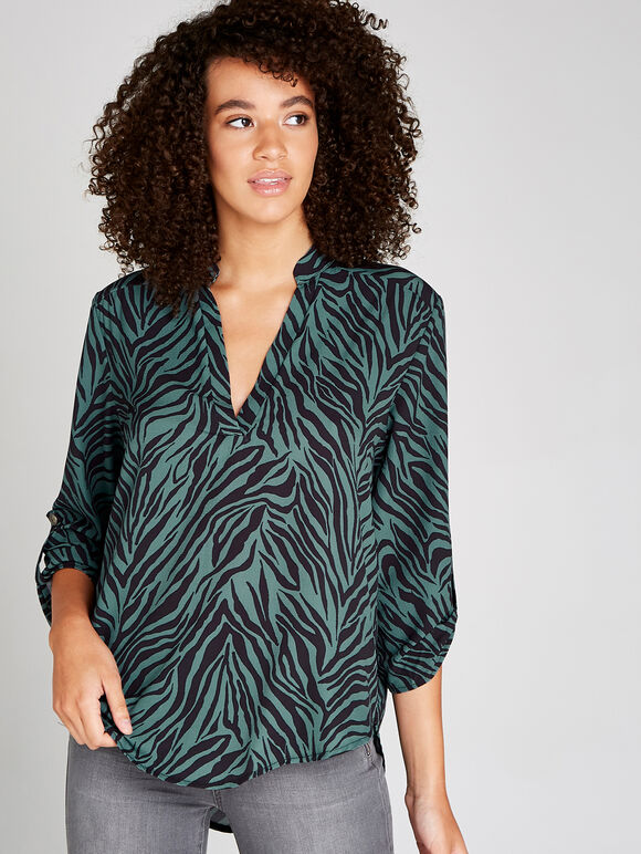 Zebra Print Open Neck Shirt, Green, large