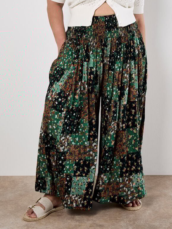 Floral Patchwork Crinkle Wide-Leg Trousers, Green, large