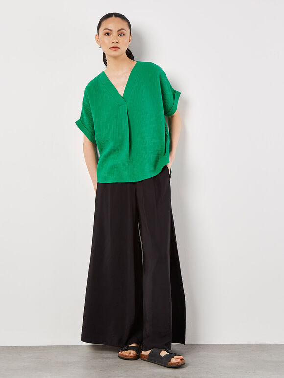 Textured Cotton Pleat Front Top, Green, large