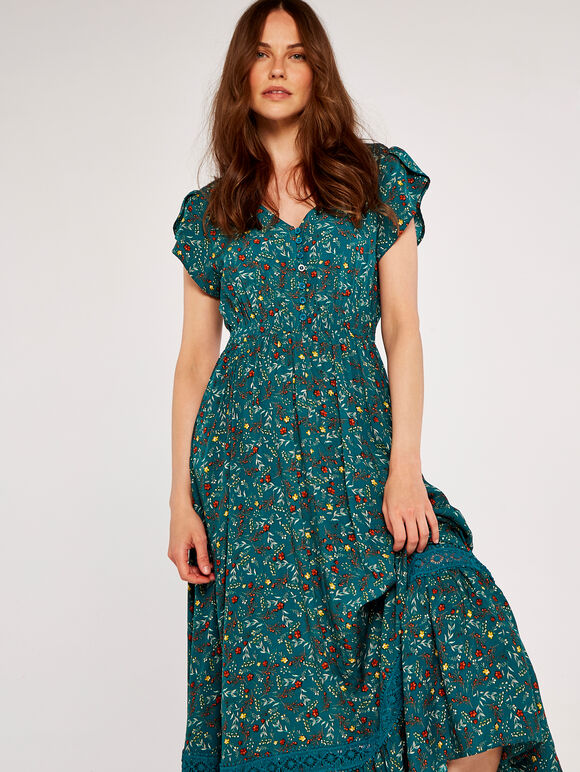 Floral Maxi Dress with Lace Detail, Green, large
